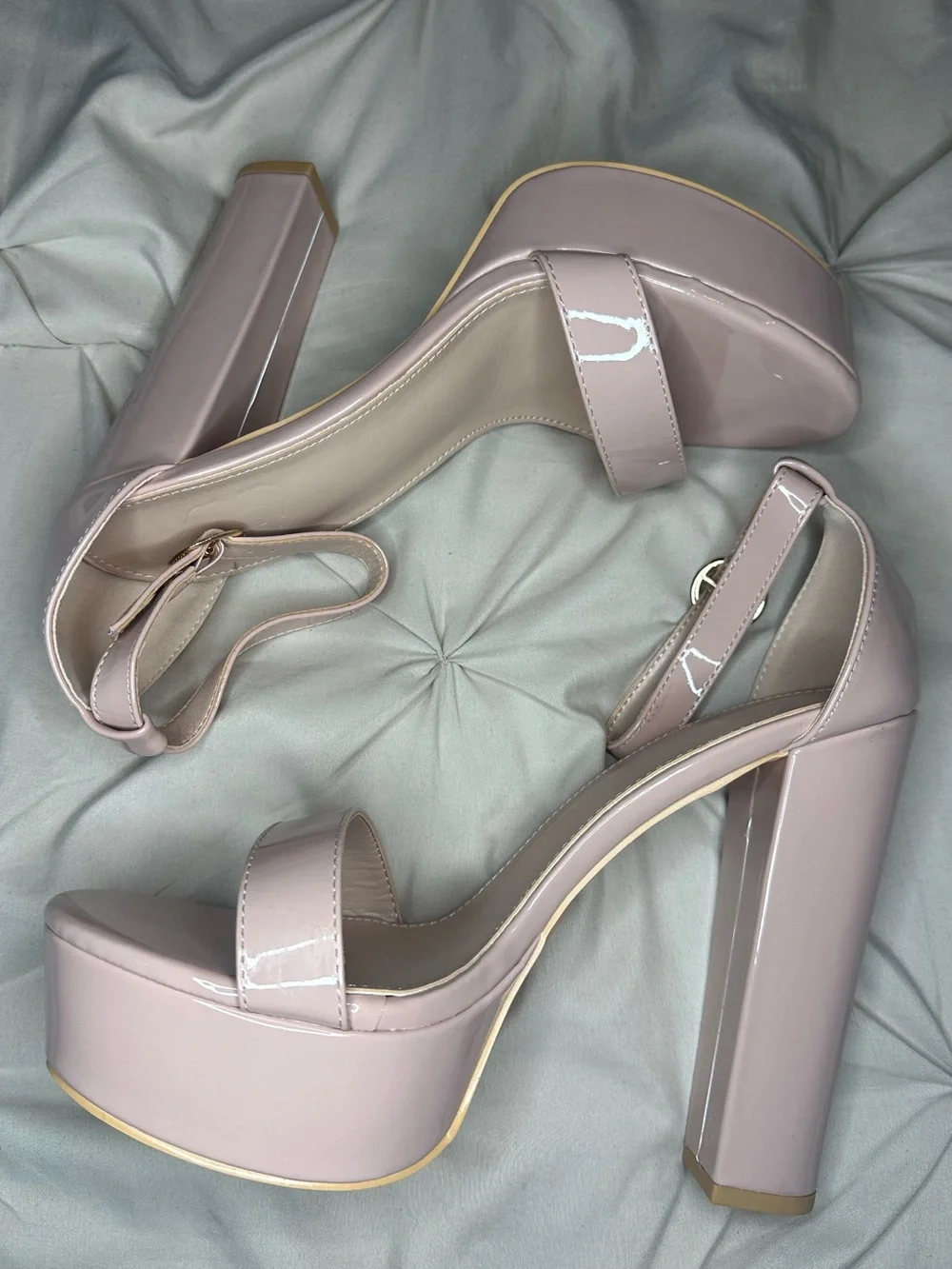 Patent Platform Block Heel Sandals in Blush Pink
